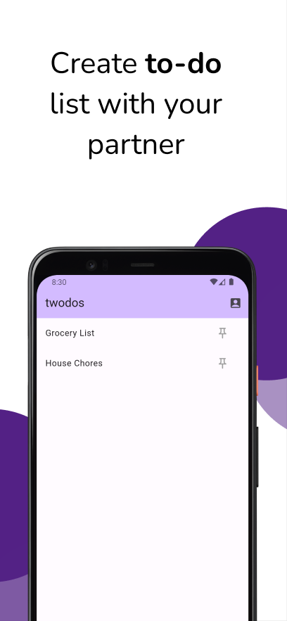 The Play Store image for the twodos app. The message says "Create to-do list with your partner" and the screen shows two lists Grocery List and House Chores.
